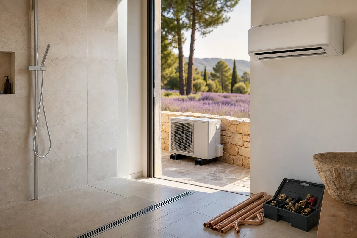 Douche à l&rsquo;italienne carrelée avec caniveau linéaire dans une salle de bain claire