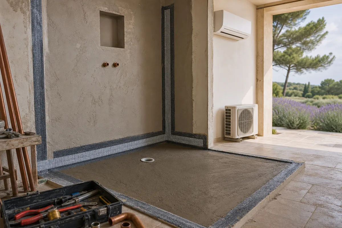Forme de pente et bande d&rsquo;étanchéité posées avant le carrelage d&rsquo;une douche