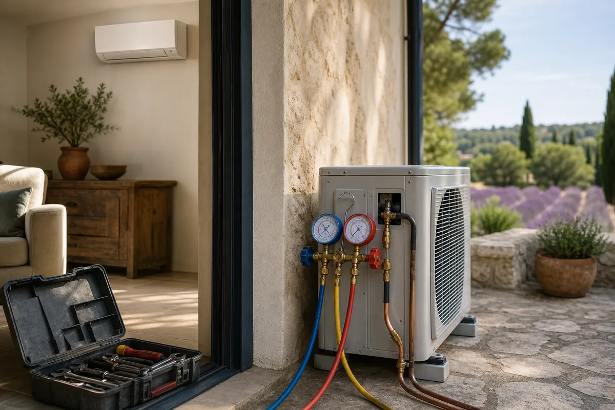 Manomètres de contrôle raccordés à une unité extérieure de climatisation