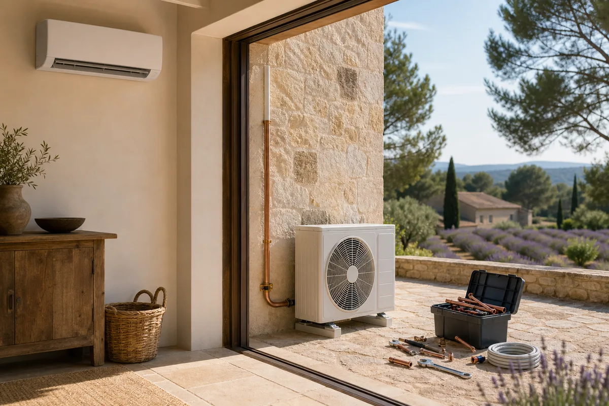 Unité extérieure de climatisation réversible fixée sur la façade d&rsquo;une villa provençale