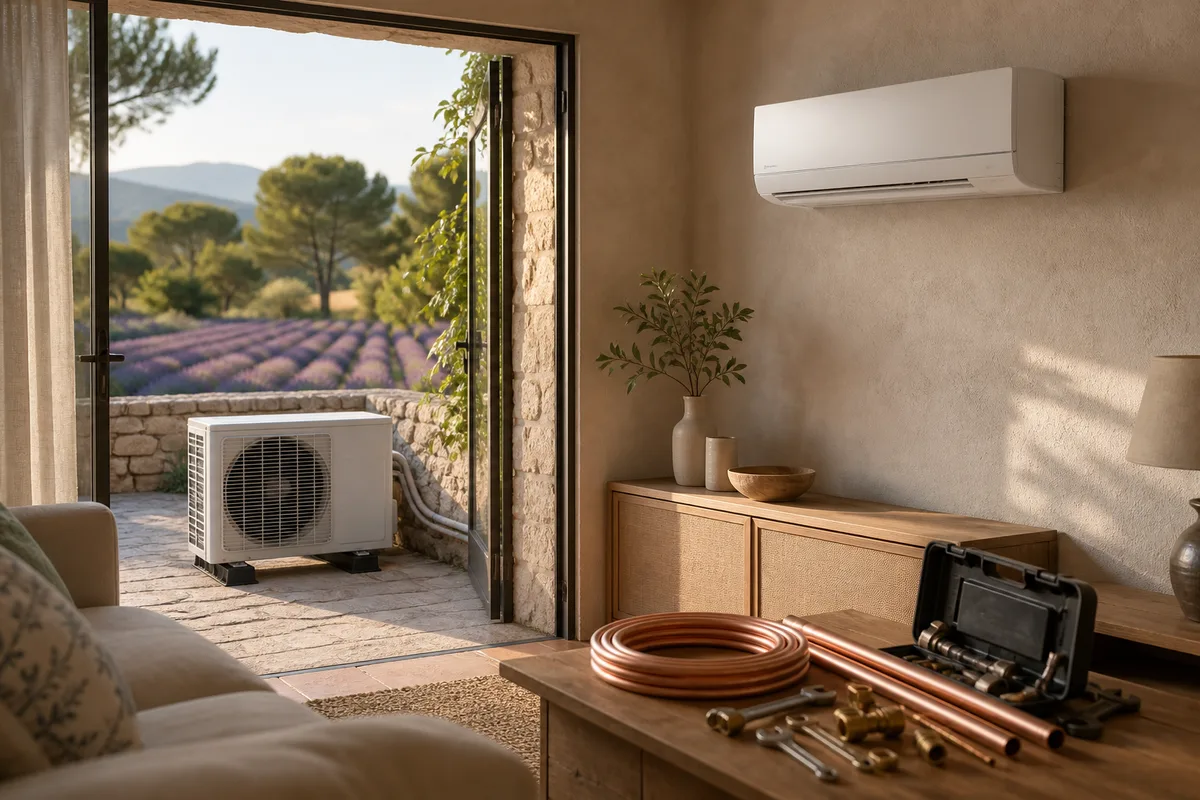 Unité intérieure murale de climatisation réversible dans un séjour provençal