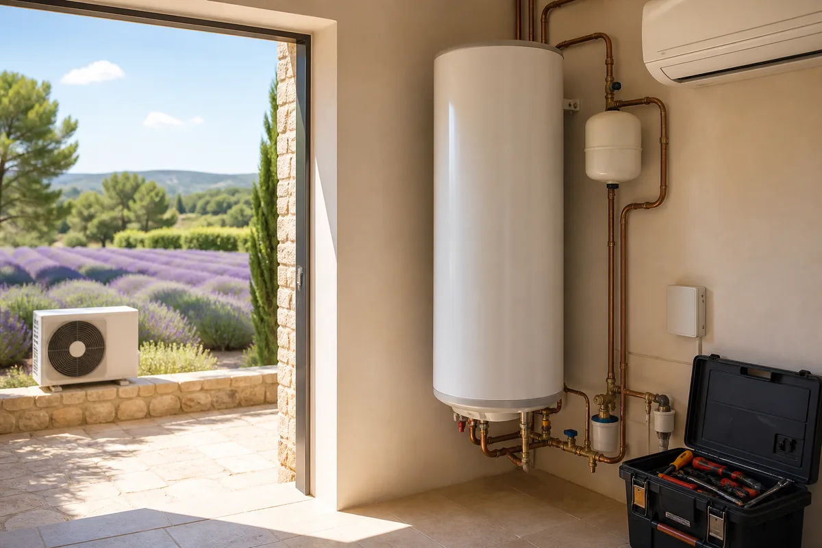 Ballon d&rsquo;eau chaude électrique installé dans un cellier de maison individuelle